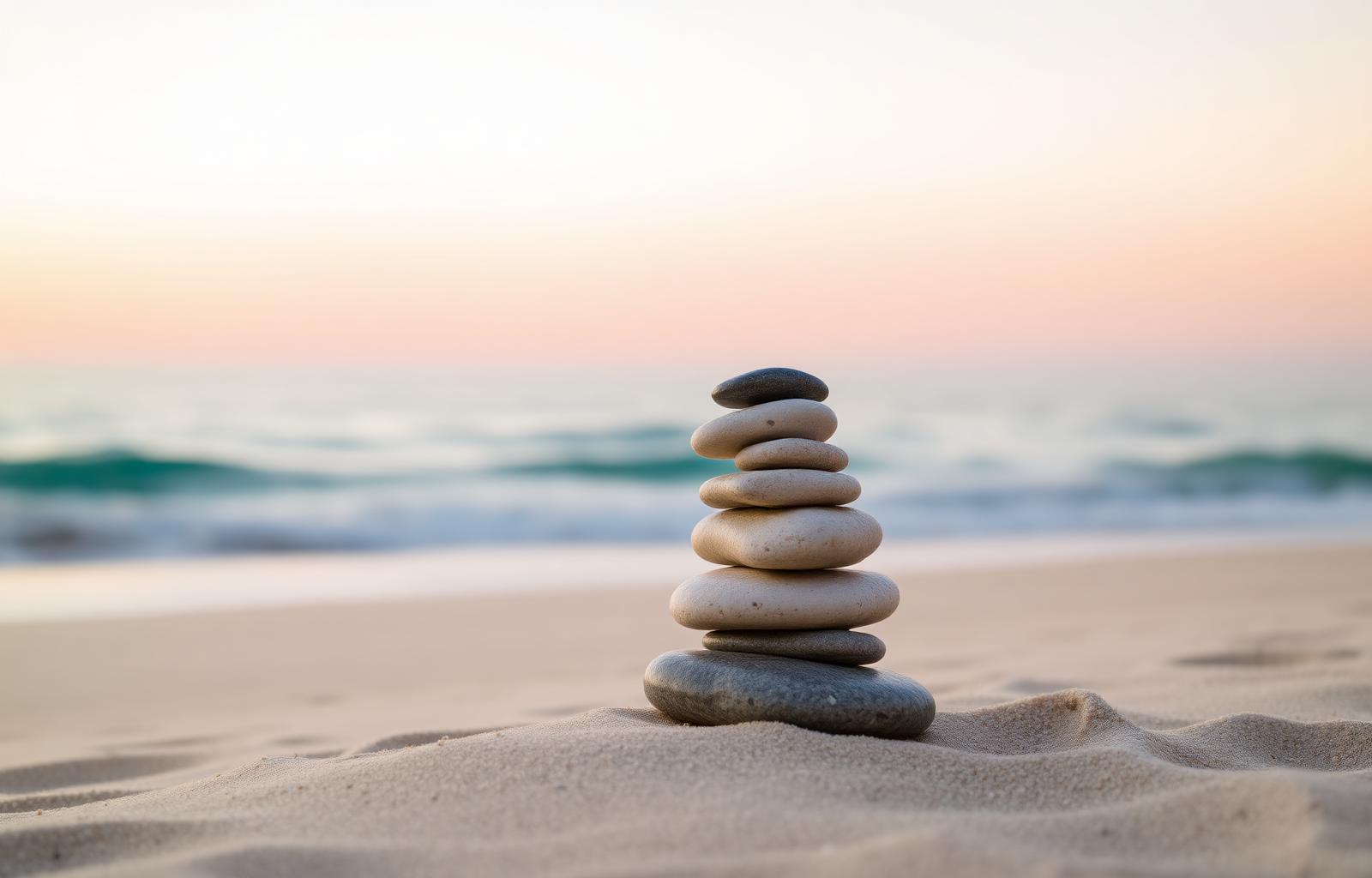 Stack of smooth balanced stones on a sunset beach